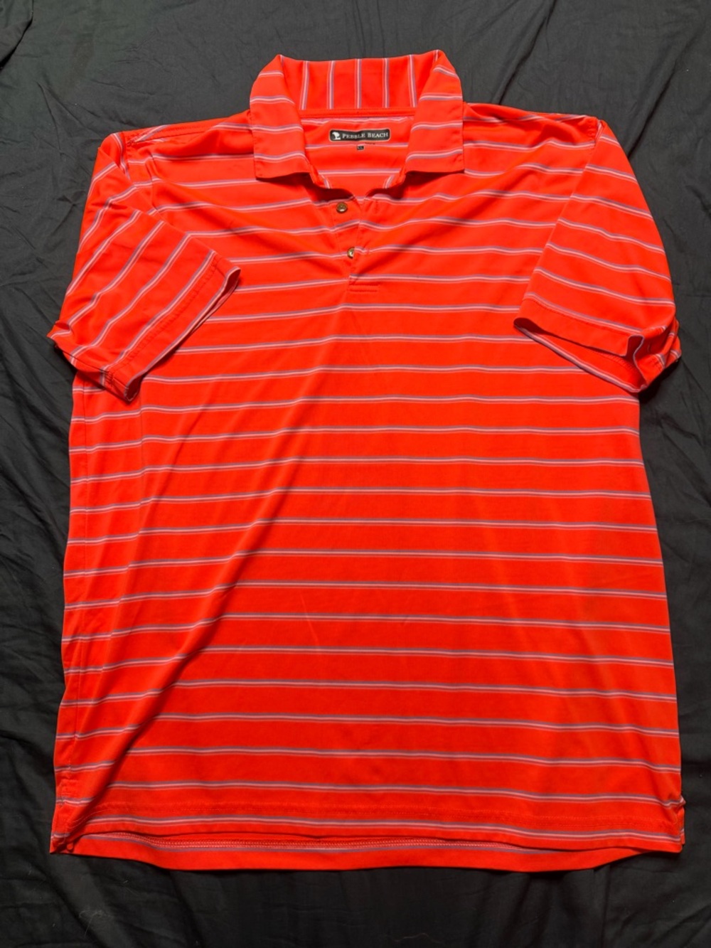 Pebble Beach Men's Bright Orange Polo with Thin Blue and White Stripes